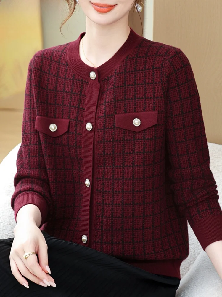 

Женский модный вязаный кардиган Sli Mom в клетку для весны и осени, пальто для женщин среднего и старшего возраста