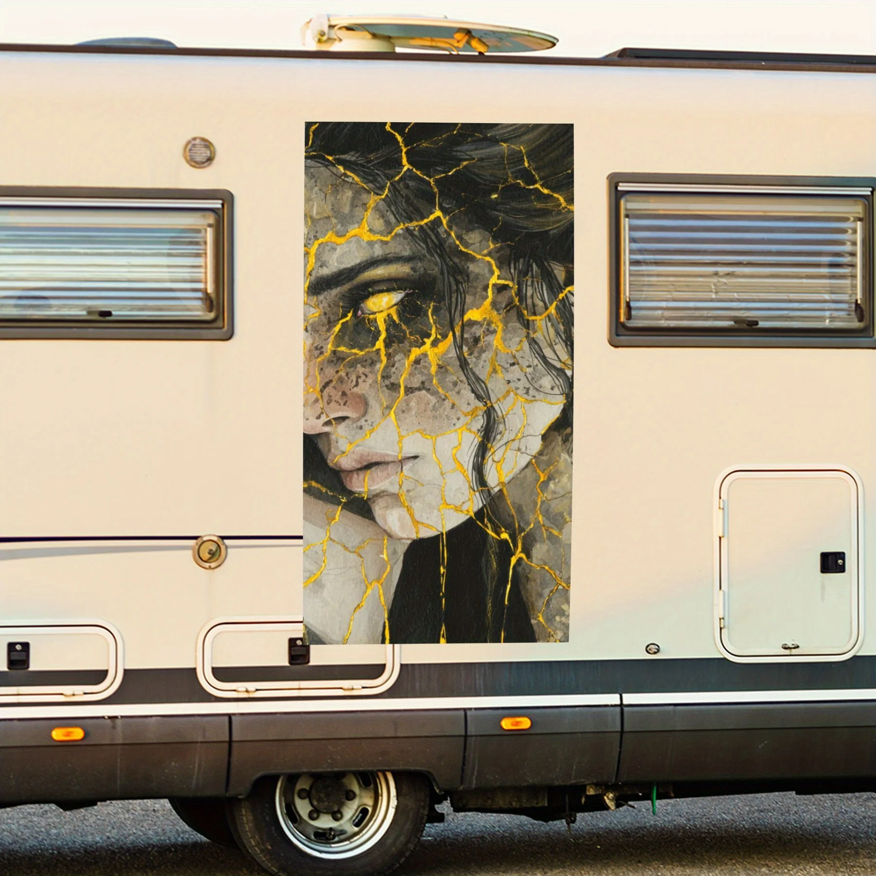 

Fantasy Woman with Cracks and Gold Liquid Car Sticker,Waterproof Vinyl Decal for RV Side, Self - Adhesive Stickers to Decorate &