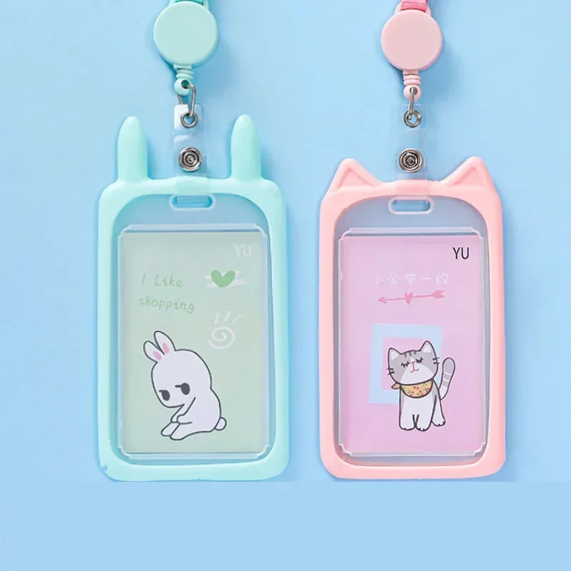 Cute Cartoon Cat Bank Identity Bus ID Card Holder Wallet Bus Card Cover Case Credit Card Holder with Retractable Reel Lanyard