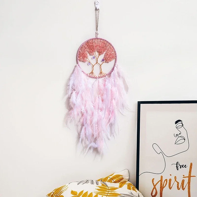 Lovely Pink Feathers Dream Catcher Wall Hangings Window Garden Pendants Wind Chimes Handmade Arts Ornaments For Girls Party Gift