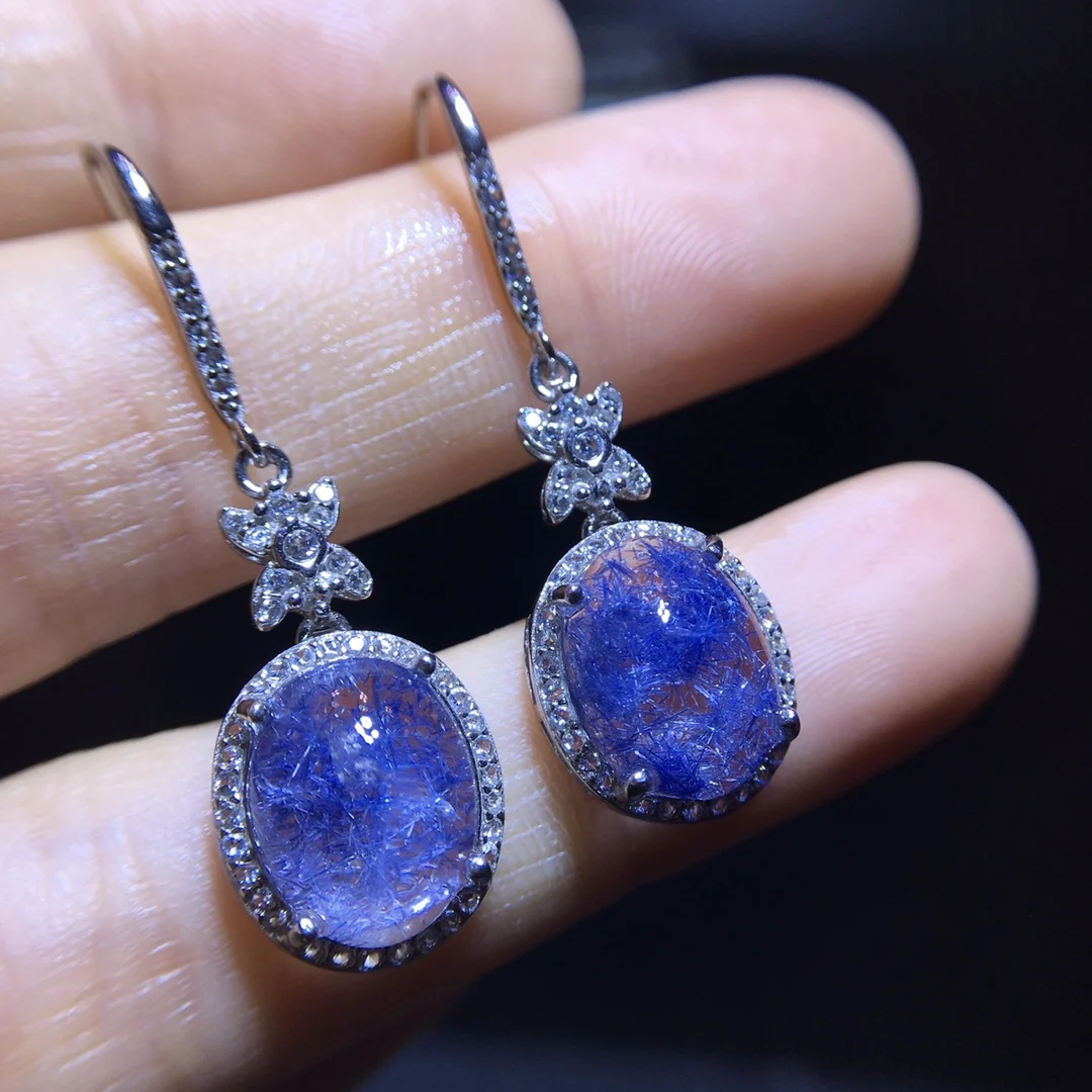 

Natural Blue Rutilated Dumortierite Women Earrings Women Men Fashion 11.2/9mm Sterling Fashion Earring AAAAA