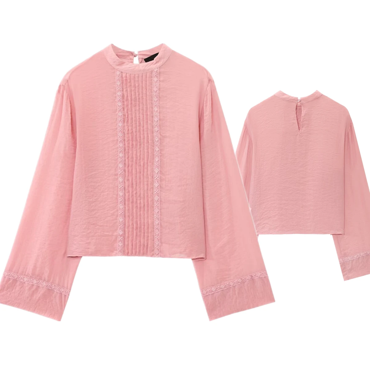 

Jenny&Dave 2025 Summer Shirt Kimono Blouse Minimalist Pink Lace Shirt French Elegant Round Neck Trumpet Sleeve Loose Top