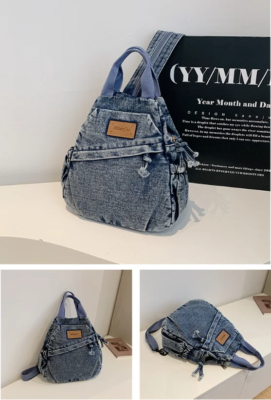 Fashion zipper Solid Denim Backpack for Women Y2K Style Multi-functional Small Shoulder Bag Commute Shopping Casual Handbags sac