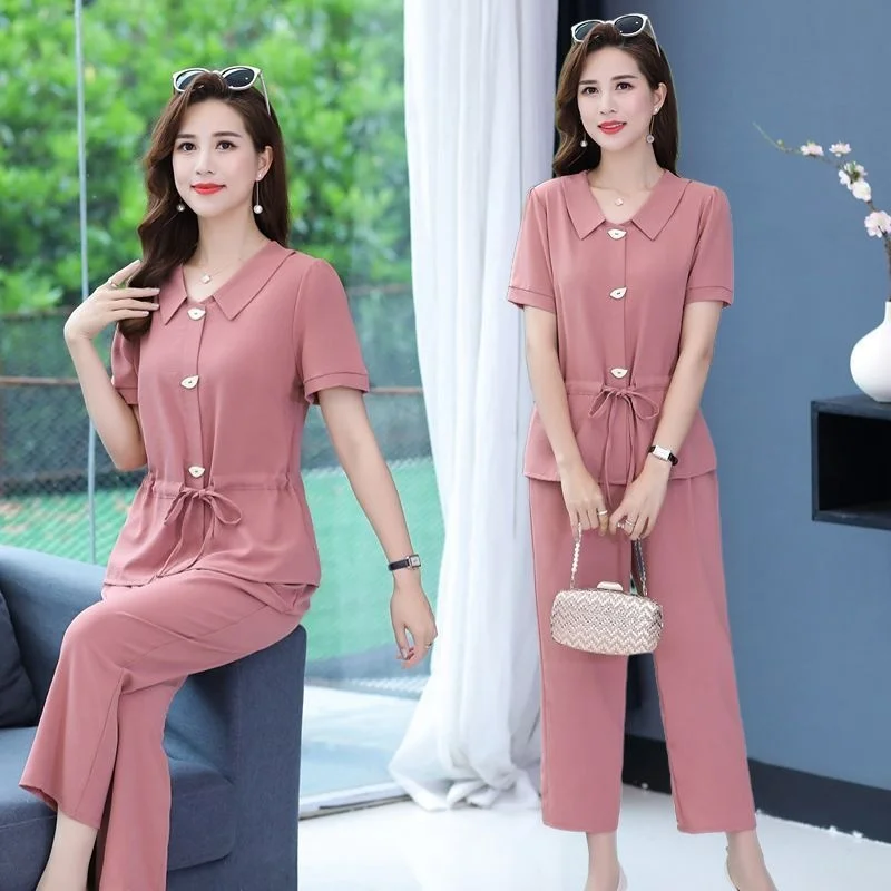 

Casual Fashionable Two-Piece Set for Middle-Aged And Elderly Women Short-Sleeved Waist-Cinching Slimming Summer Outfit