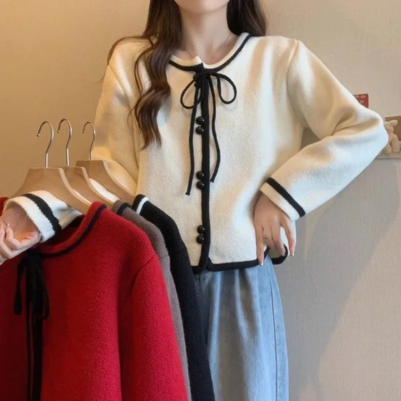 

Свитер с галстуком-бабочкой, осень-зима 2022, темперамент больших размеров, тонкий вязаный кардиган, топ