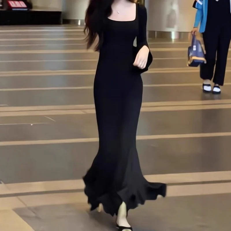 

Autumn and Winter Women2025New Trendy Elegant Beautiful Step-by-Step Lotus Black Mermaid Dress Autumn Outfit Long Dress