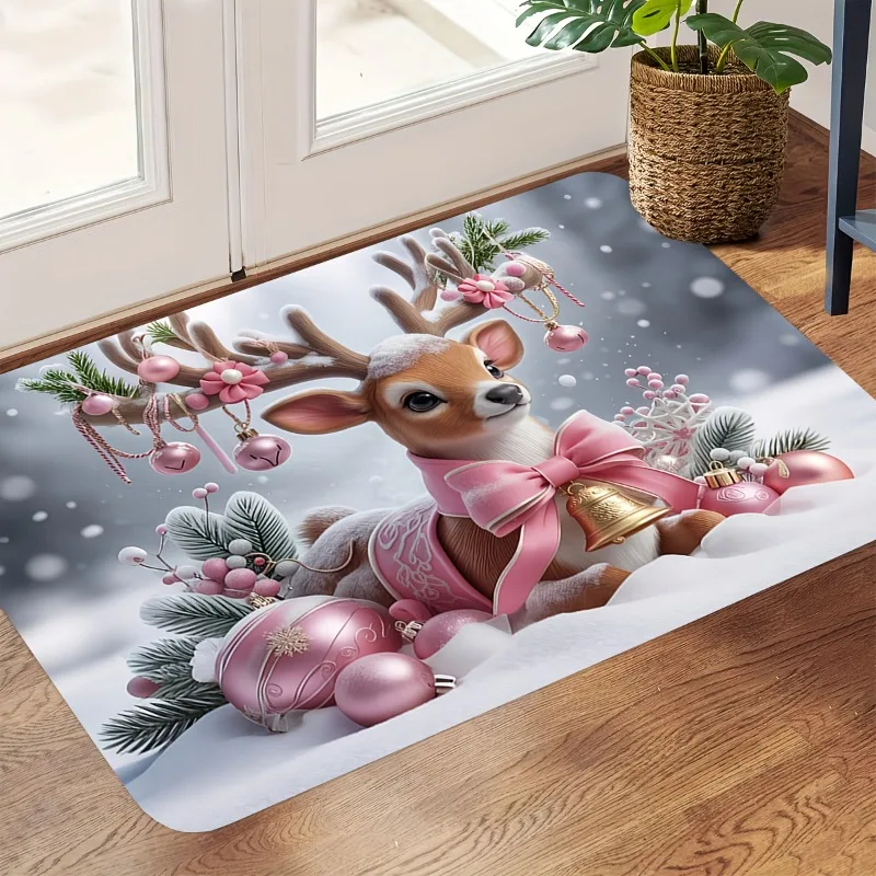 Pink Christmas Reindeer Flannel Doormat Bow Bell Bauble Snowy Scene Pine Branch Anti‑Slip Home Entrance Holiday Decor Rug