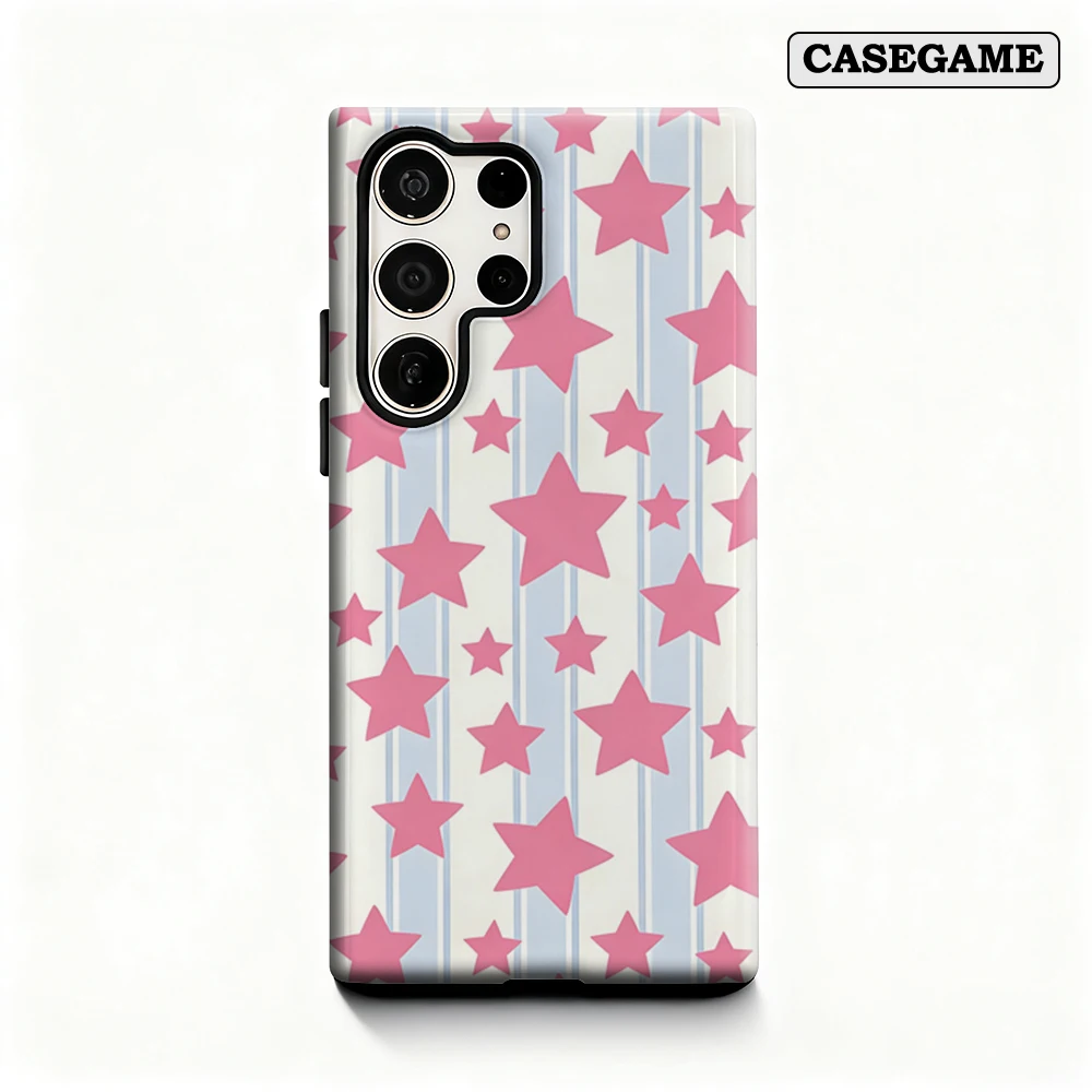 Casegame Phone Case for Samsung Galaxy S26 S25 Ultra S24 S23 Plus Shockproof Double Layer Tough Back Pink Stars Stripes Cover