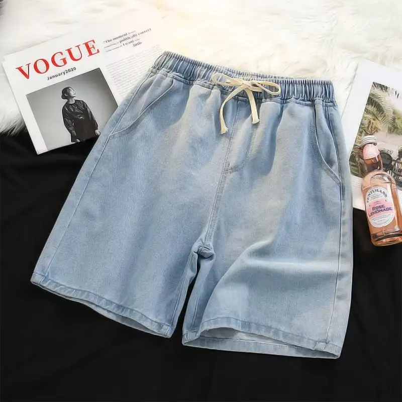 Versátil azul cintura alta cordão denim shorts das mulheres dos homens unisex verão solto casual cintura elástica shorts de perna larga