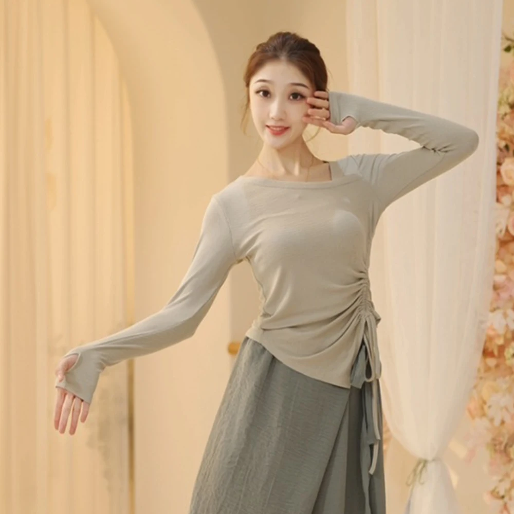 Women Yoga Tops Long Sleeve Drawstring Dancing Ballet Shirts Cotton Modern Dance Jazz High Elastic Tights Latin Dance Clothes