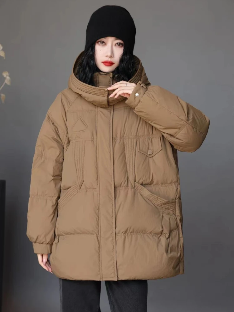 

Winter New Down Jacket Women Medium Length Hooded Puffer Jacket Women White Duck Down Thicken Warm Loose Thin Overcoat