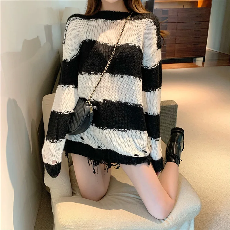 

Korean Fashion Women Harajuku Y2k Tops Hollow Oversized Sweatshirts Punk Gothic Stripe Print Hoodies Long Sleeve Loose Pullover