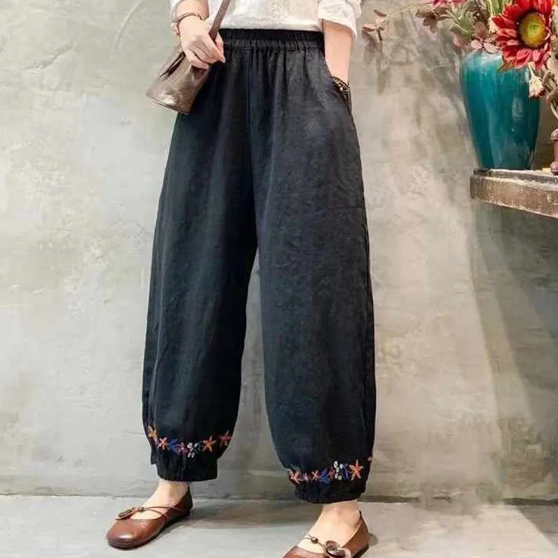 Casual Women\'s Clothing Loose Cotton Flax Trousers Ladies Vintage Elastic Waist Bloomers Spring Autumn Comfortable Solid Pants