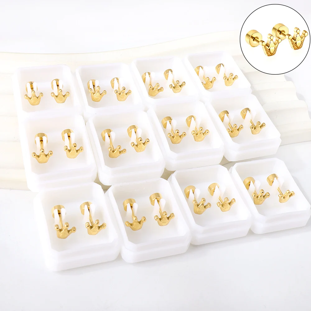 

LUXUSTEEL Suitable for Women's Party Gifts 12air Card Gold Color Screw Crown Stainless Steel Anti Allergic Earrings Jewelry
