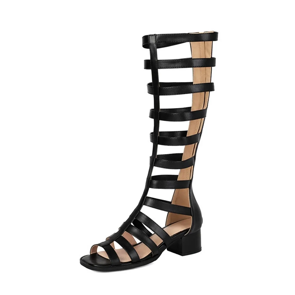 Women Hollow Out Gladiator Knee High Sandal Boots Back Zipper Block Heel Shoes Black Brick Red Brown Yellow Size 32-48 26-3