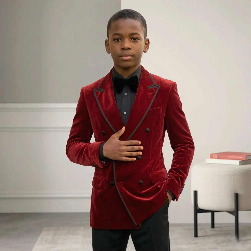 Black Boy Suits Slim Fit Velvet Formal Prom 2 Pieces Piping Double Breasted Wedding For Galas Proms Holiday Celebrations 2026