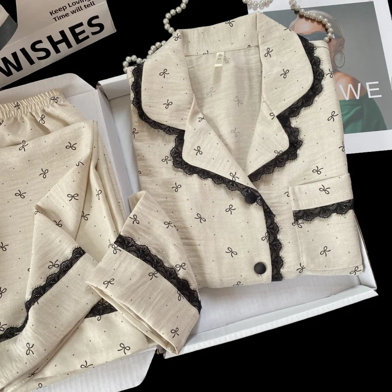 Women Cotton Pajama Set Bow Print Lace Trim Lapel Long Sleeve 2 Pcs Spring Autumn Elegant Sleepwear Casual Loungewear Homewear