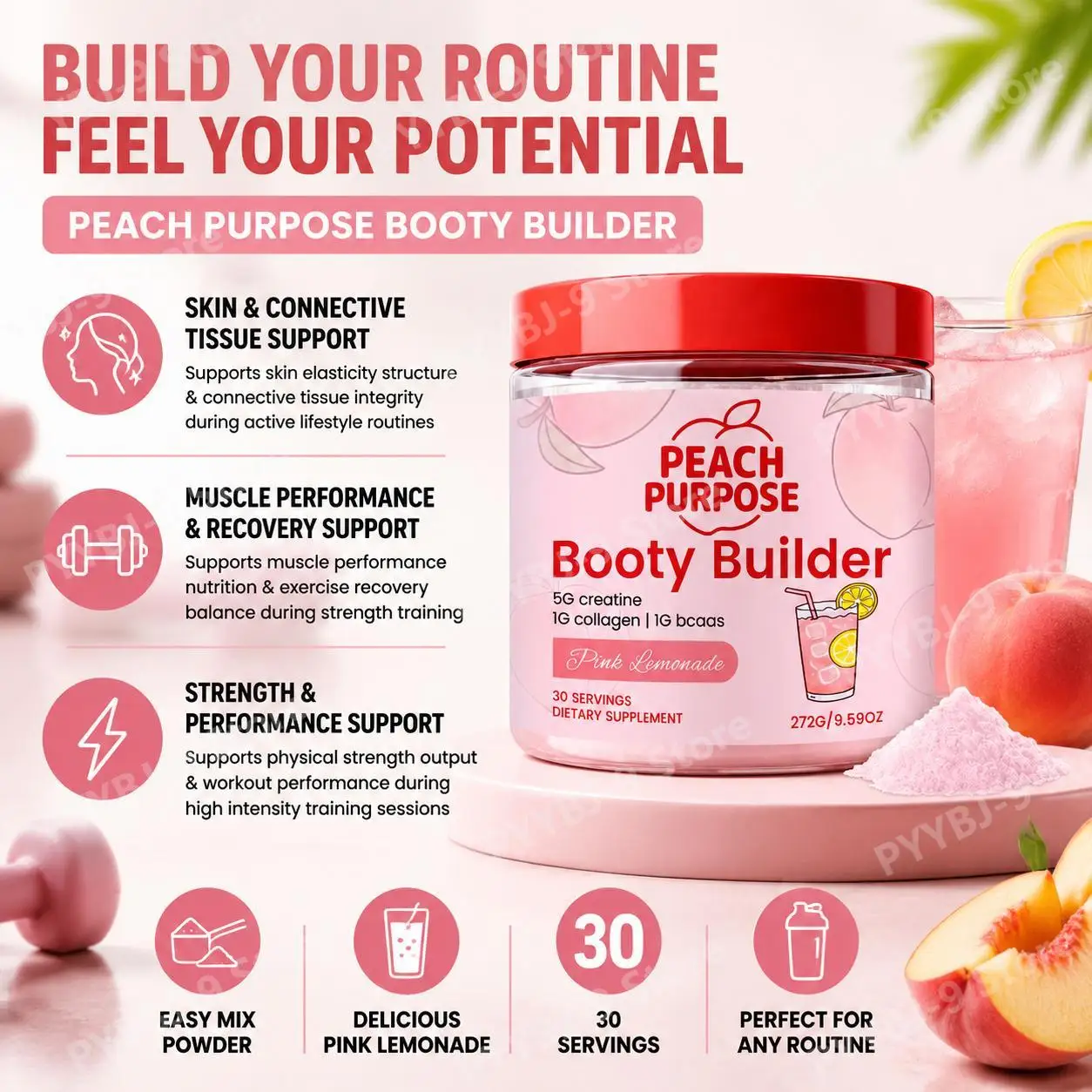 Peach Purpose Collagen Powder, Skin Elasticity & Workout Recovery Support for Active Fitness and Strength Routines, 30 Servings
