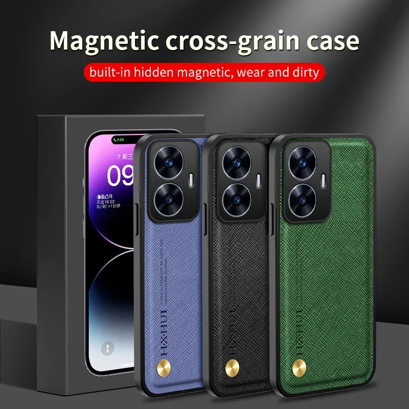 

Business Man Phone Case for Realme C55 Luxury Leather Solid Color Built-in Metal Airbag Soft Shockproof Cover