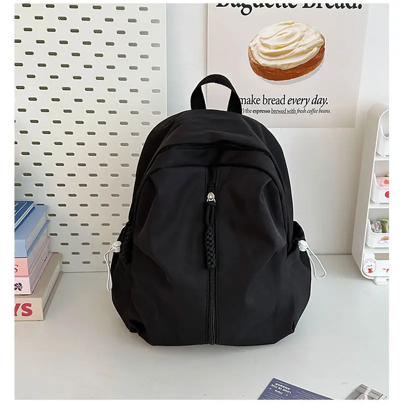 2024 Large Capacity Solid Color School Backpack for Women School Teenager Nylon School Bag with Side Drawstring Pocket XK275