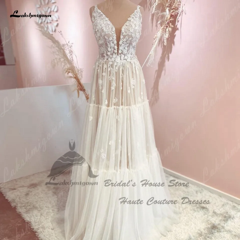 Lakshmigown clássico nupcial boho vestido de casamento praia 2022 vestido sposa babados tule sexy a linha vestidos de casamento v pescoço