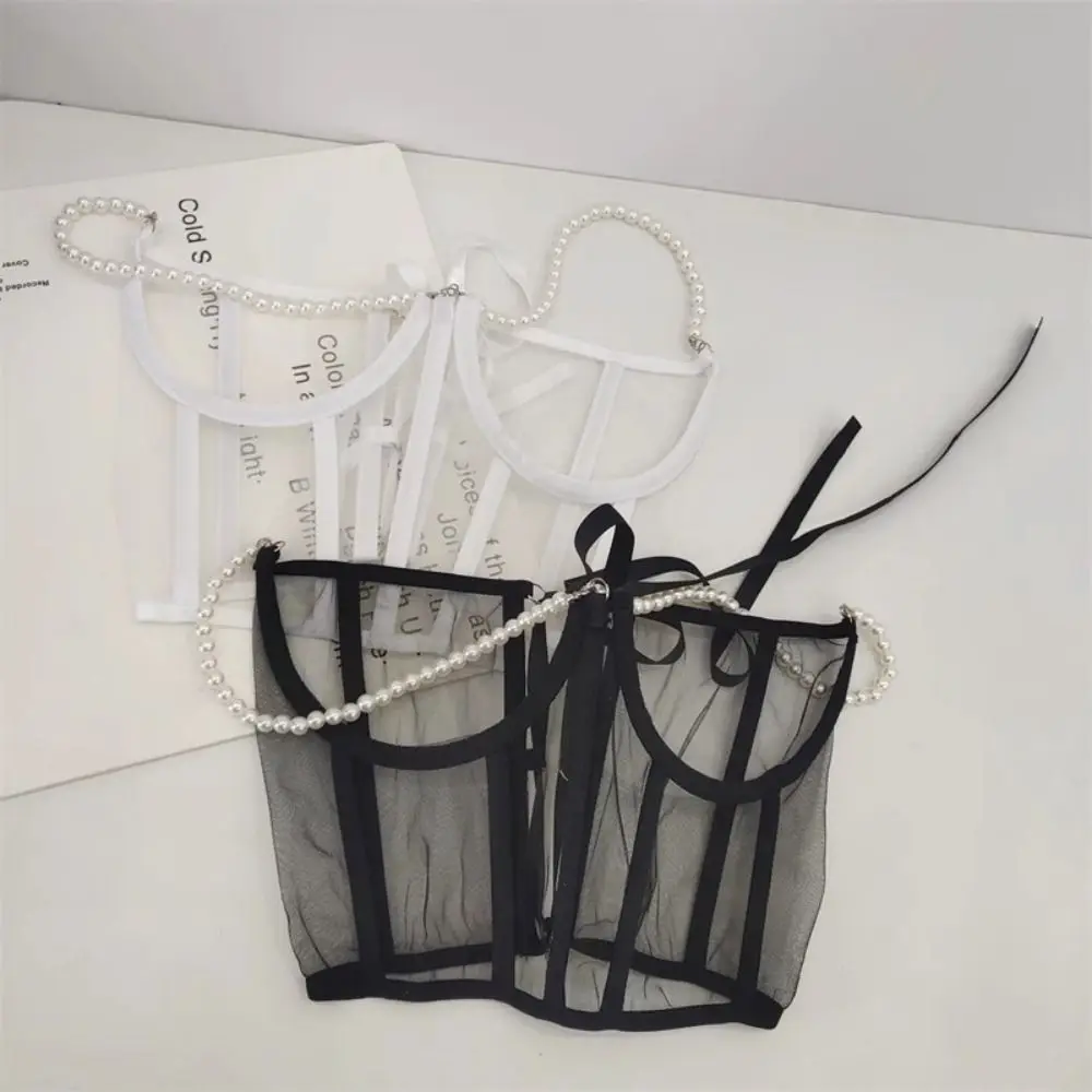Slimming Pearl Chain ตาข่าย Cummerbunds Bustiers ผูกโปร่งใสหญิงเข็มขัดชุด Girdle เอวสูงเข็มขัดเอวกว้างรัดตัว