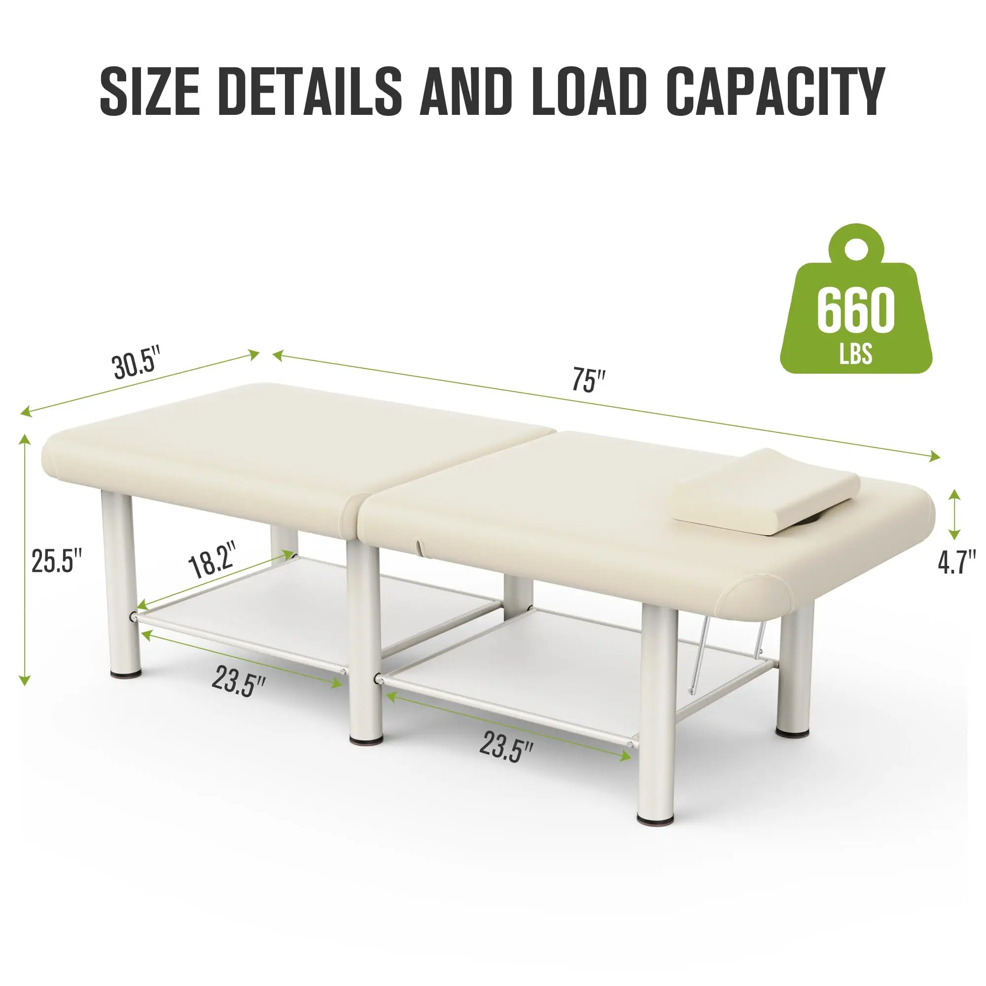 Folding Stationary Massage Table with Backrest and Storage Space, 6 Round Legs Metal Frame PU Leather, 30.5'' Wide ×