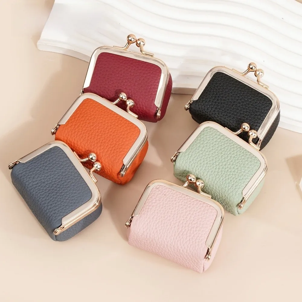 Wallet PU Leather Kiss Lock Coin Purse Solid Color Multifunctional Leather Jewelry Bag Square Mini Small Item Bag Ring