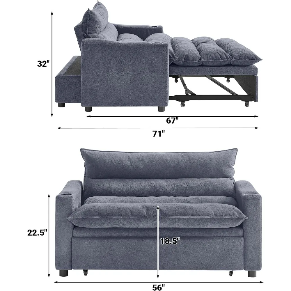 أريكة سرير قابلة للتحويل مقاس 56 بوصة، أريكة نوم مع سرير قابل للسحب، أريكة فوتون 3 في 1 مع مسند ظهر قابل للاستلقاء وحامل أكواب، حديث