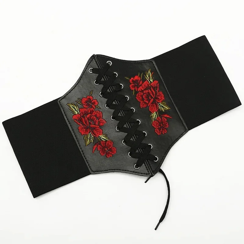 Women\'s Corset Belt Gothic Fashion PU Flower Embroidery Cummerbunds Female Slimming Waist Band Vintage Black Wide Belt for Girl