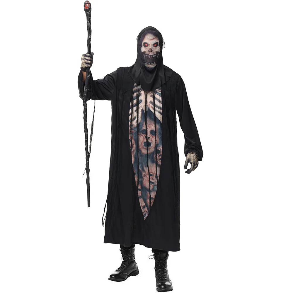 Men Necromancer Cosplay Adult Halloween Azrael Evil Skeleton Robe Costumes Carnival Purim Parade Nightclub Role Play Party Dress