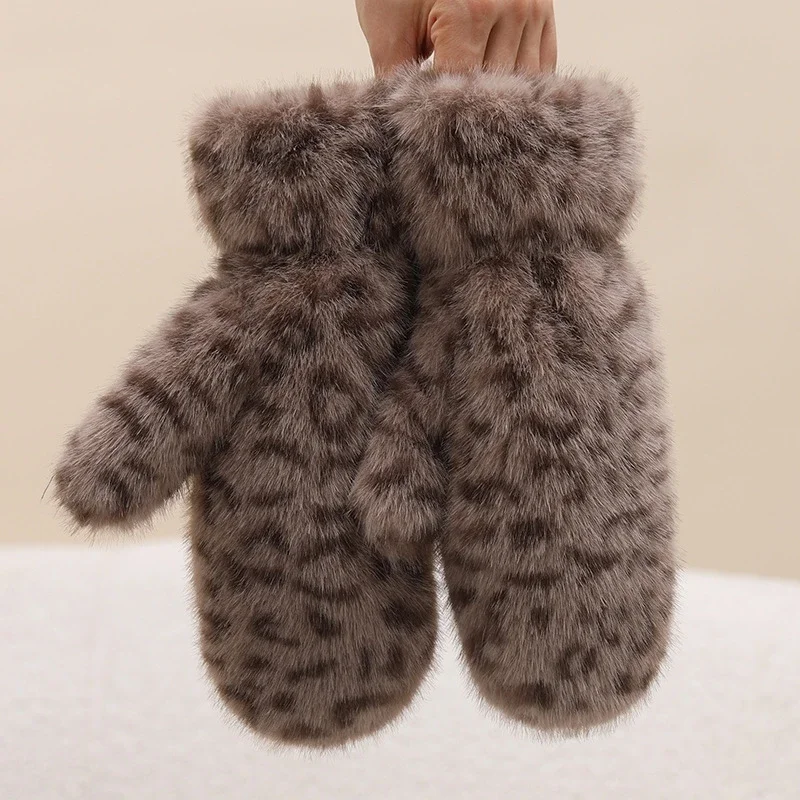 Women Imitation Mink Fur Gloves Winter Leopard Gloves Windproof Plush Thick Warm Plus Cashmere Gloves Soft Full Fingers Mittens