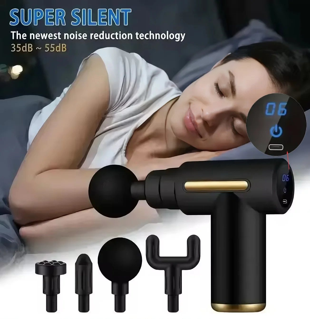 

Массажный пистолет 2026 года с высокой мощностью – перезаряжаемый, для глубокого массажа тканей, с 4 насадками для полного расслабления тела, максимальное восстановление мышц