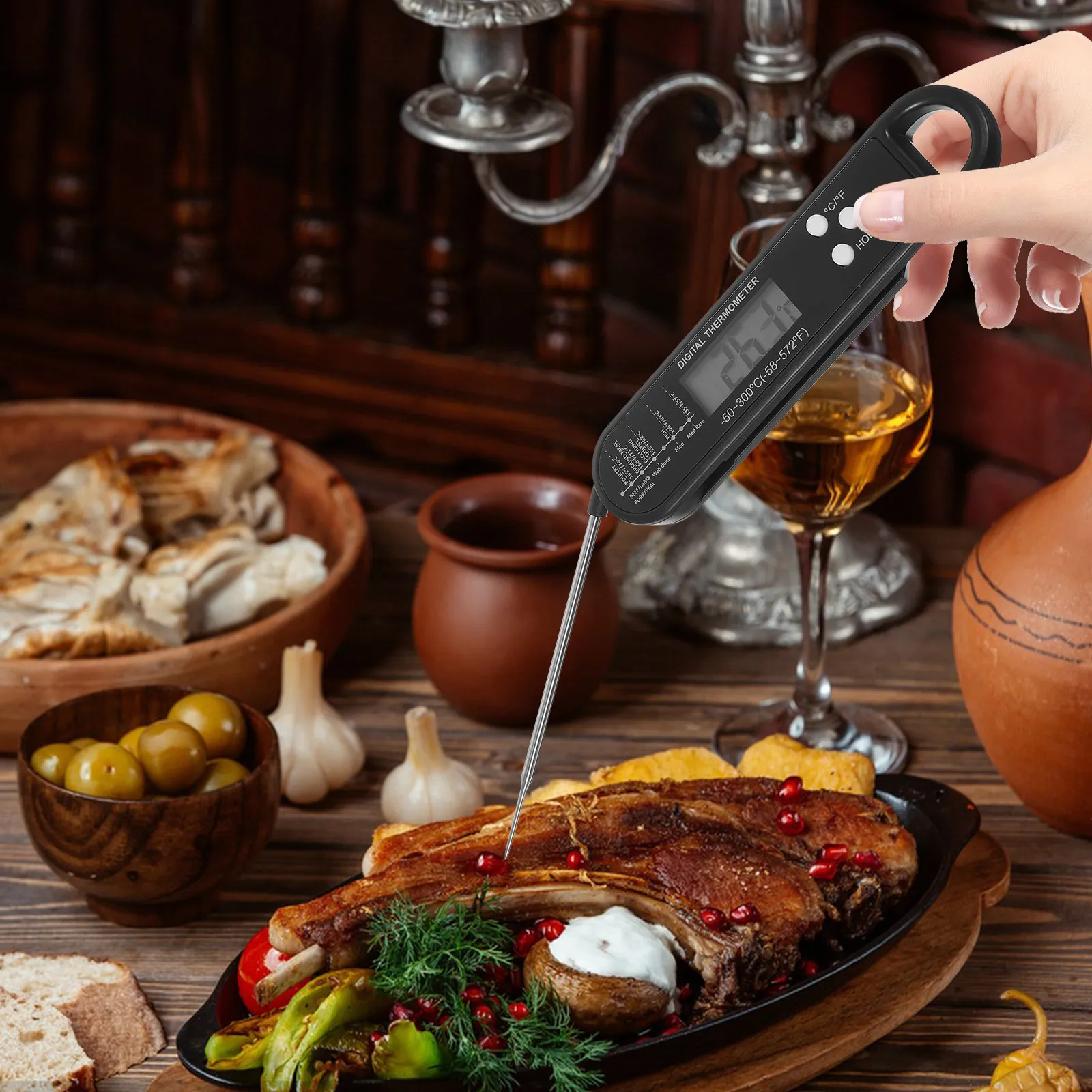 Termômetro Digital para Carne em Aço Inoxidável com Sonda Longa Dobrável e Leitura Instantânea para Churrasco, Assados, Fritadeira a Ar e Uso na Cozin