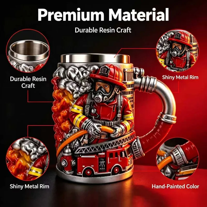 Creative Firefighter Theme Beer Stein, Hand‑Crafted Resin Sculpted Cup, Unique Desktop Decor Drink Mug for Fireman Souvenir Gift