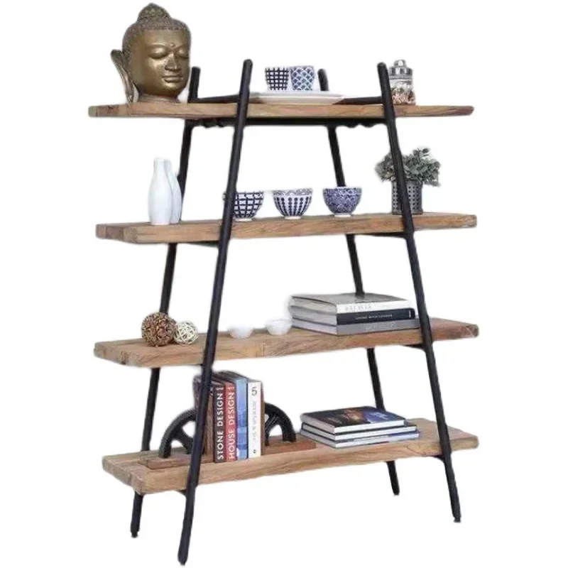 Creative personality retro solid wood wrought iron bookshelf multi-layer baffle display rack industrial style shelf