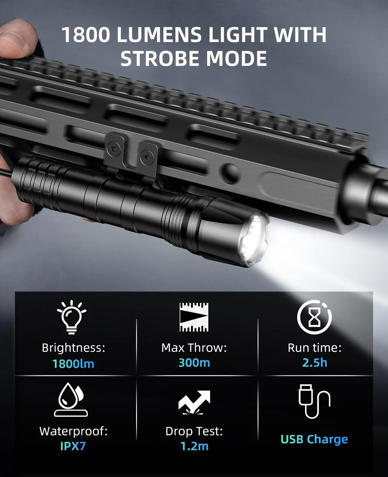 

EZshoot 1800 Lumens Flashlight Rifle Light with Remote Pressure Switch Compatible with M-Rail Rechargeable for Hunting Shooting