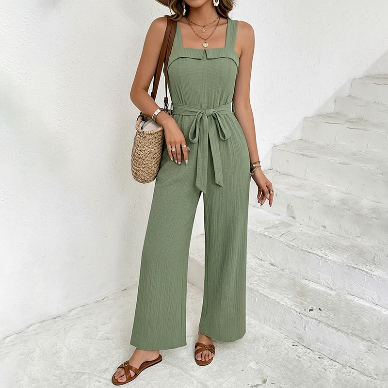 2026 Summer New Style Solid Color Casual Sleeveless Bralette One-Piece Pants, Textured One-Piece Long Pants for Women