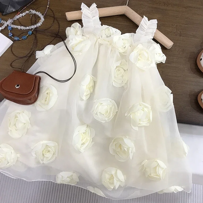 

Girls Skirt 2025 Summer New Children's Clothing Korean Wind Girl Baby Flower Net Yarn Halter Princess Skirt Casual Simple Daily