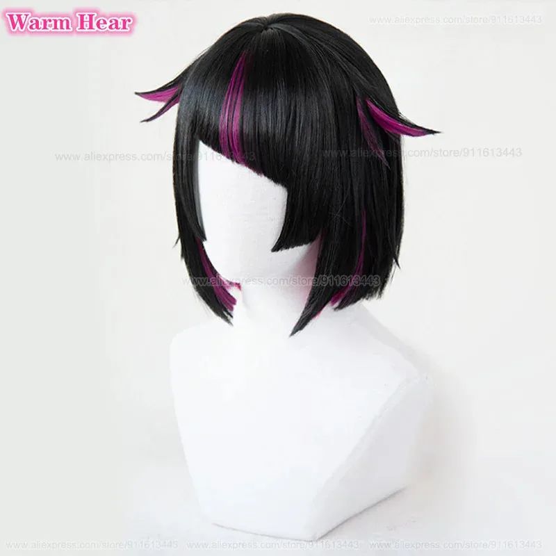 在庫あり リリア・ヴァンルージュ コスプレウィッグ アニメ ショート 30cm ブラック ハイライト パープル ウィッグと歯付き 耐熱性合成パーティーウィッグ