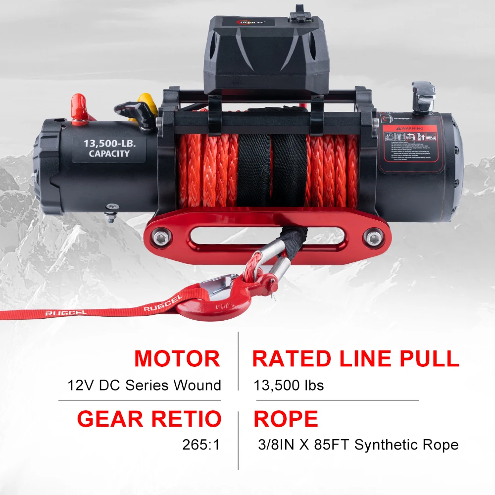RUGCEL WINCH 13500lb Waterproof Electric Truck Winch 12V Synthetic Rope Winch with Hawse Fairlead,Wired Handle and 2 Wirele