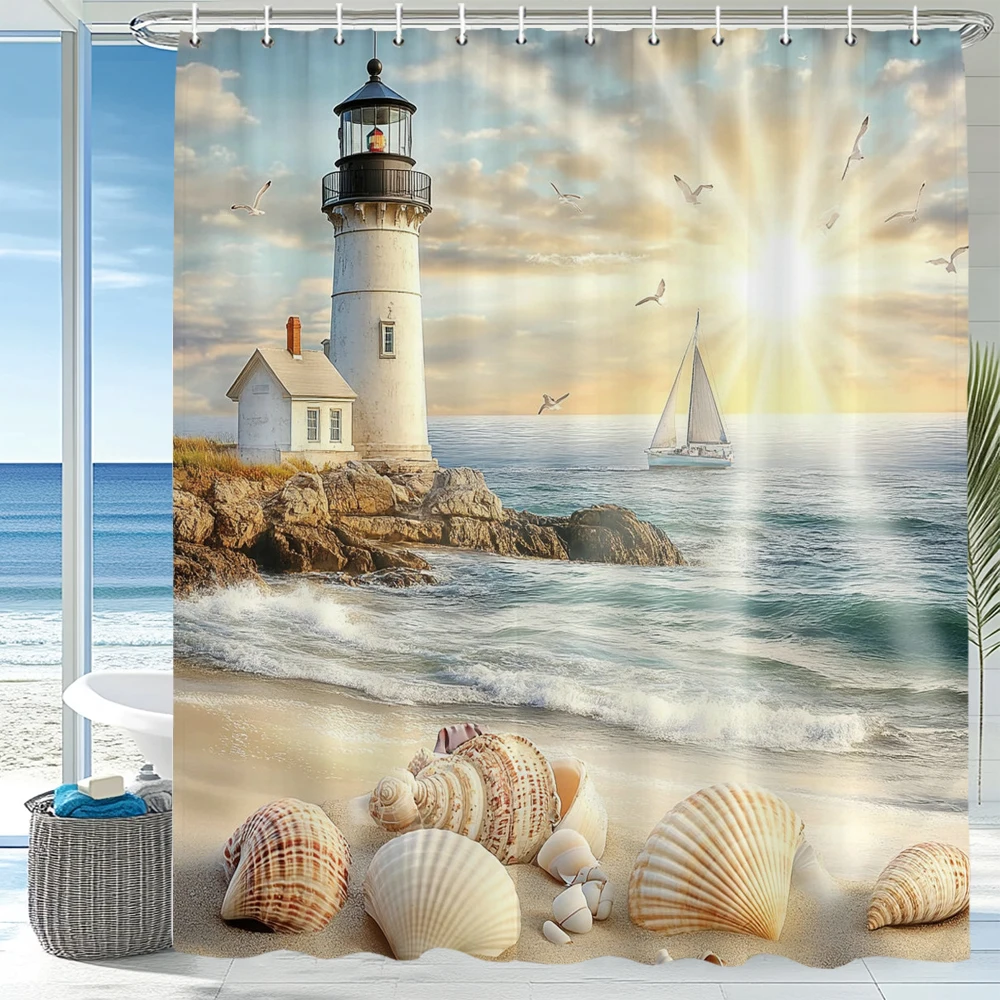 

Ocean Beach, Seaside lighthouse Scenery Shower Curtain, Bathroom Decorative Shower Curtain,Home Curtain with Hooks