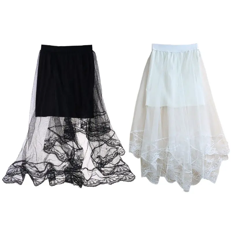 Women High Waist Scalloped Lace Trim Midi Long Skirt Lined Solid Color Irregular