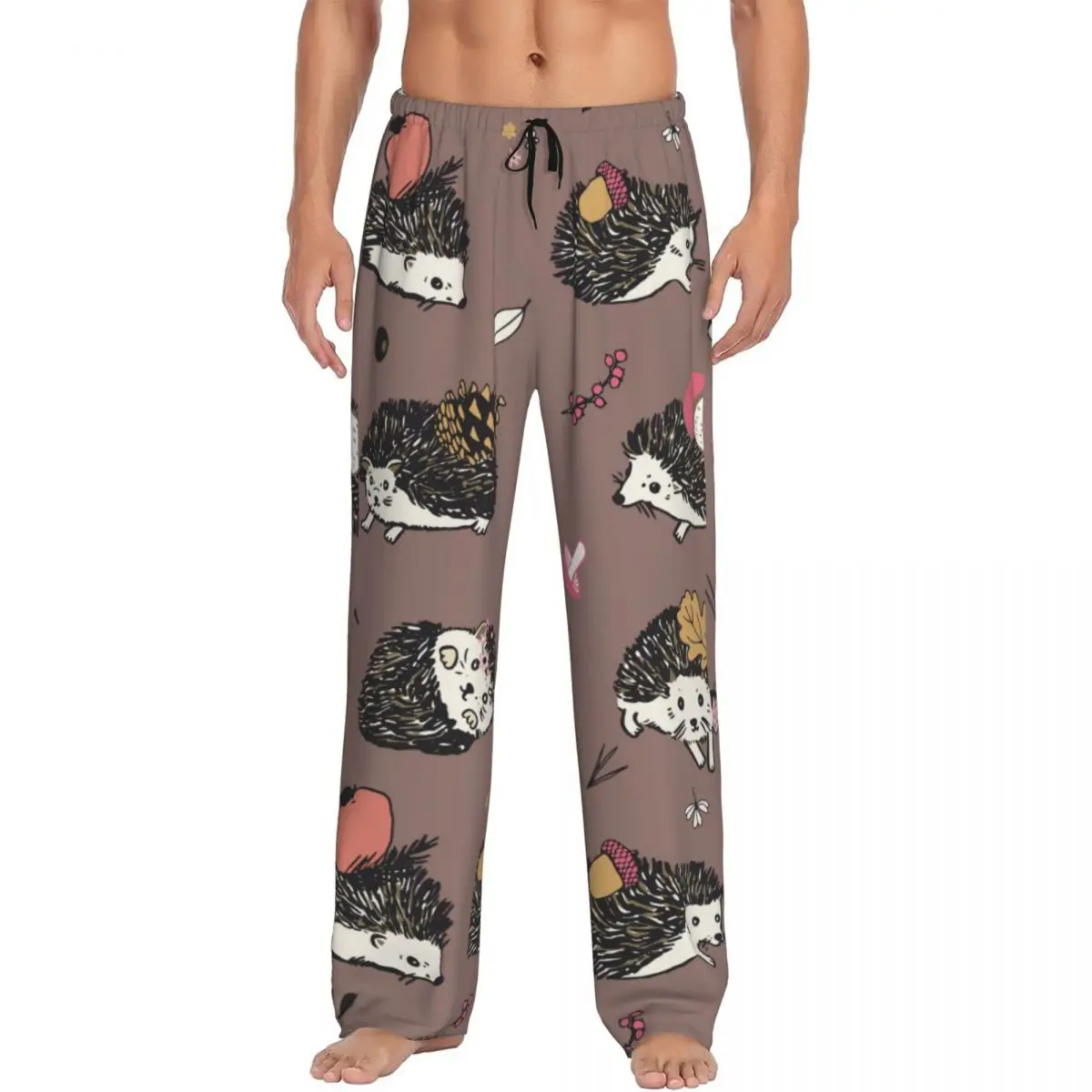 Custom Printed Men's Pajama Pants Hedgehog Forest Animals Pattern Sleepwear Sleep Lounge Bottoms with Pockets