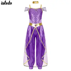 Girls Arabic Jumpsuit Bodysuit with Choker India Oriental Arabian Aladin Princess Cosplay Costume Sequin Belly Dance Outfit