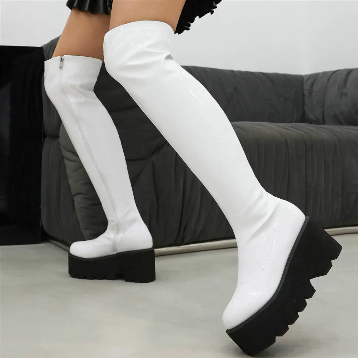 Platform Pumps Shoes Women Patent Leather Wedges High Heel Over The Knee Boots Female Round Toe Fashion Sneakers Casual Shoes