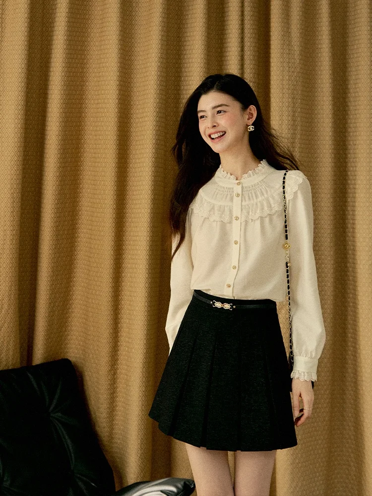 

Ретро-топ с кружевом и длинными рукавами для женщин, дизайн для ранней осени, дышащий, комфортный, прямого кроя, однотонный, с пуговицами.