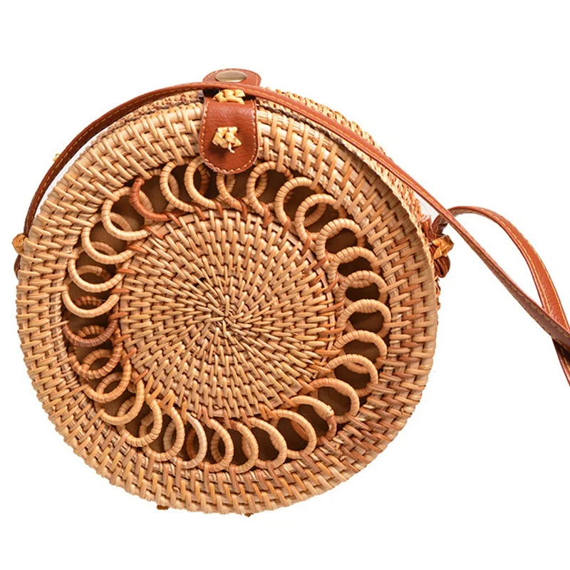 

NEW-Handmade Woven Rattan Bag Women Straw Bag Bamboo Circular Beach Bags Summer Bali Bohemian Knitting Shoulder Bags