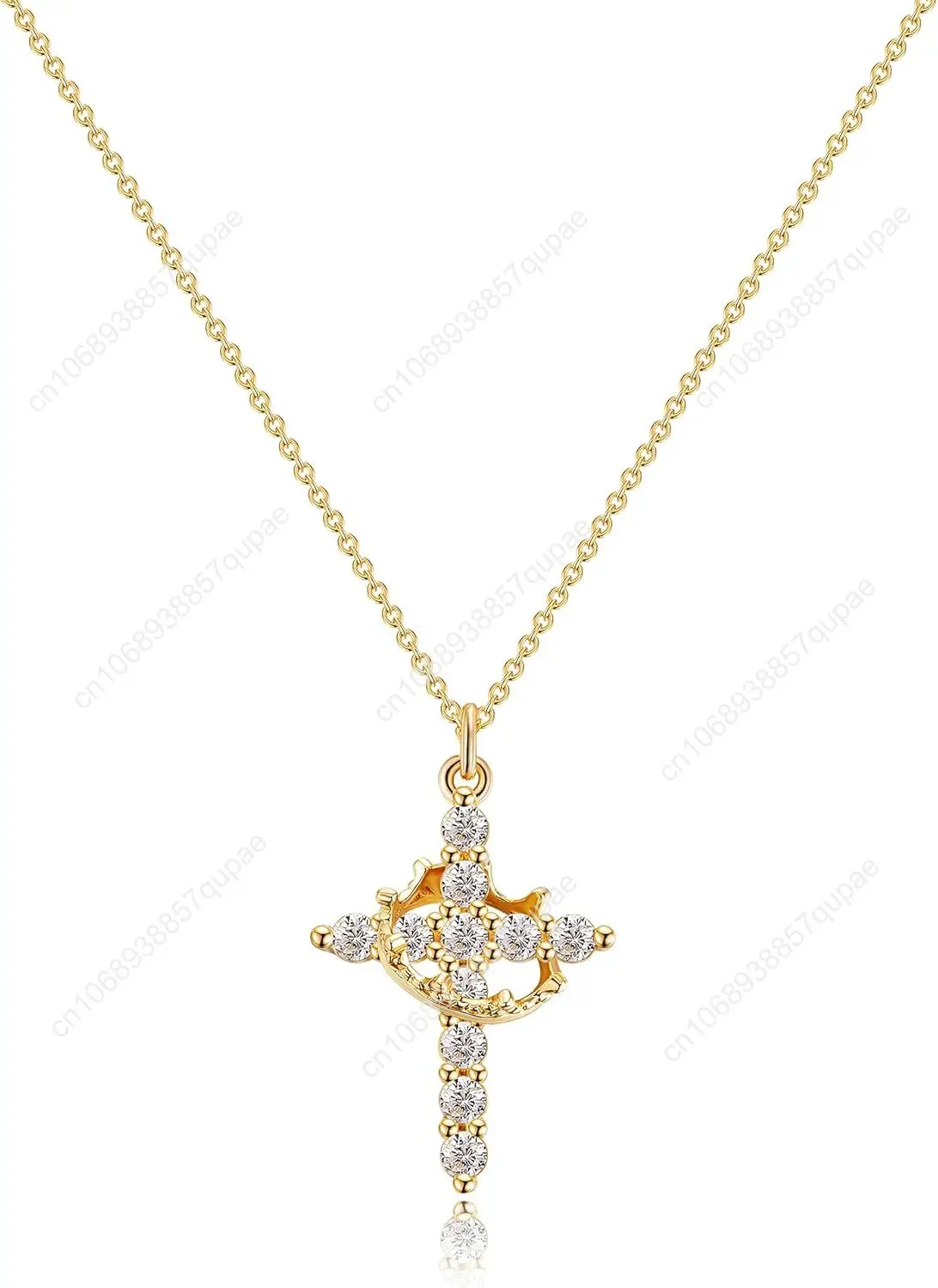 

Crown Cross Necklace for Women 14K Gold Plated Crown Cross Pendant Necklace Simple Diamond Gold Necklaces Faith Cross Jewelry Fi