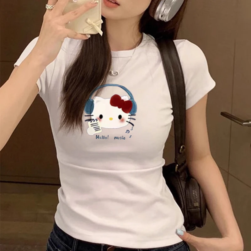 Cute Hello Kitty T Shirt Women Round Neck Short Sleeve Soft Cotton Cute Cartoon Print Y2K Casual Slim Basic Summer Tee Tops view 4